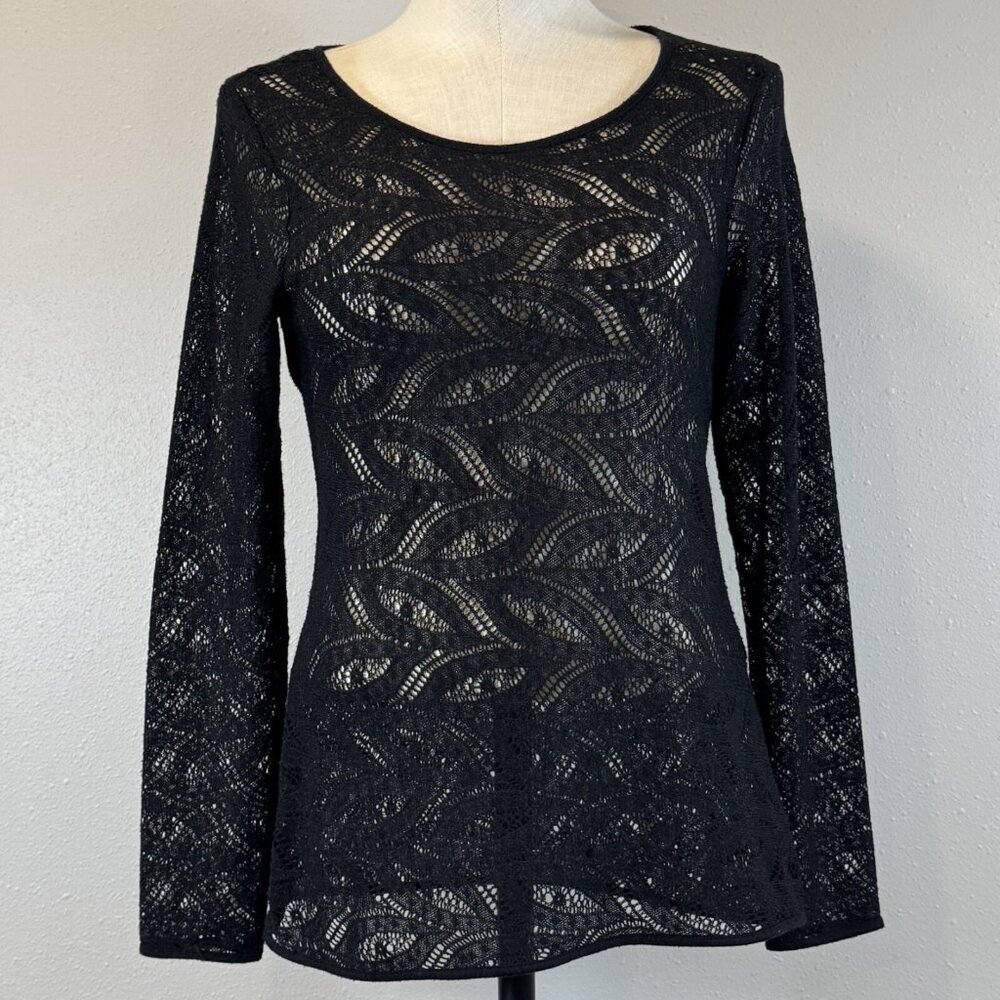 Willow Bay Womens Black Crochet Blouse Long Sleeve Lace Semi Sheer Size Small